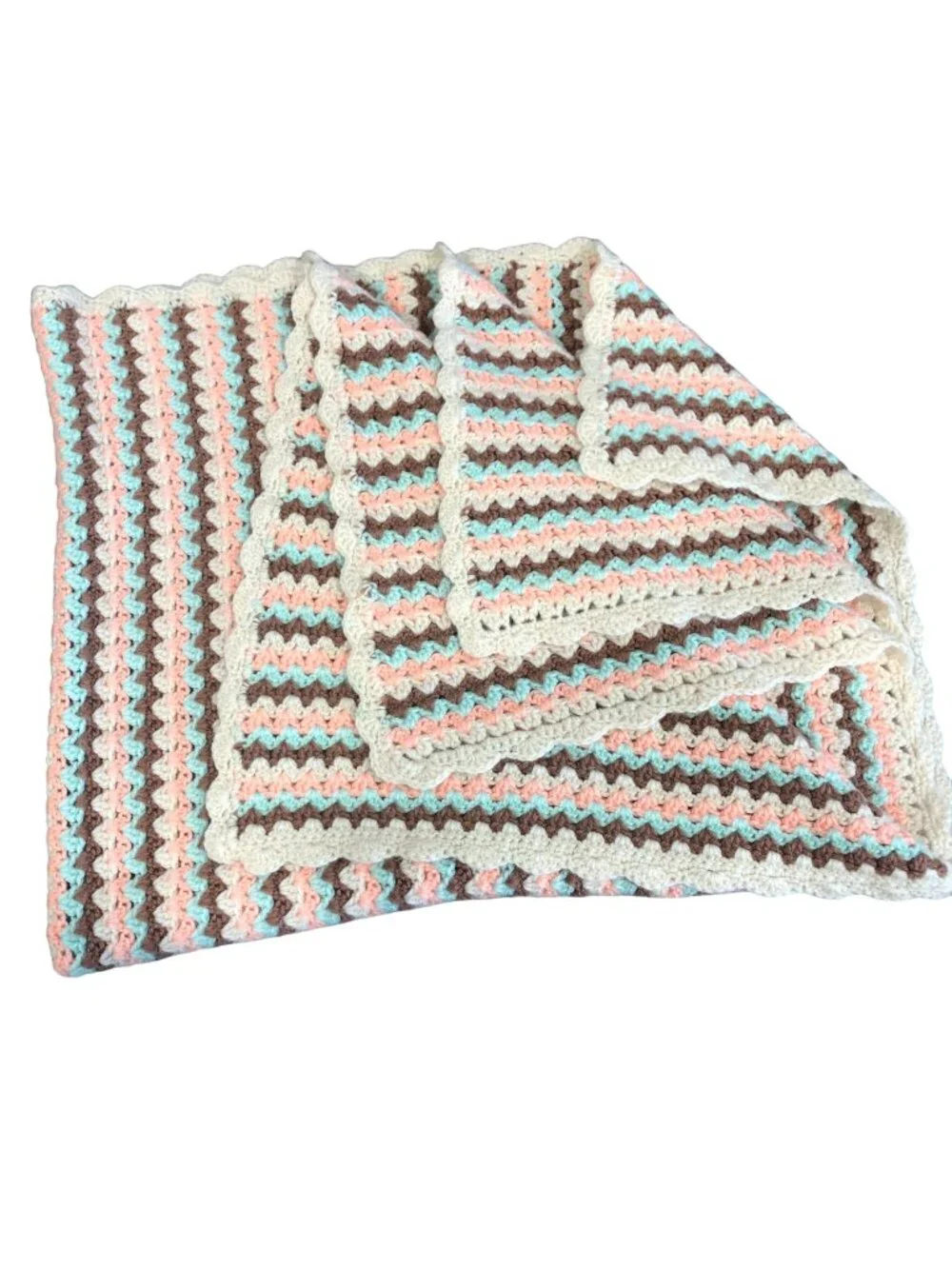 Handcrafted Crochet Blanket Brown Pink Blue Oatmeal Scalloped Edges 58x45